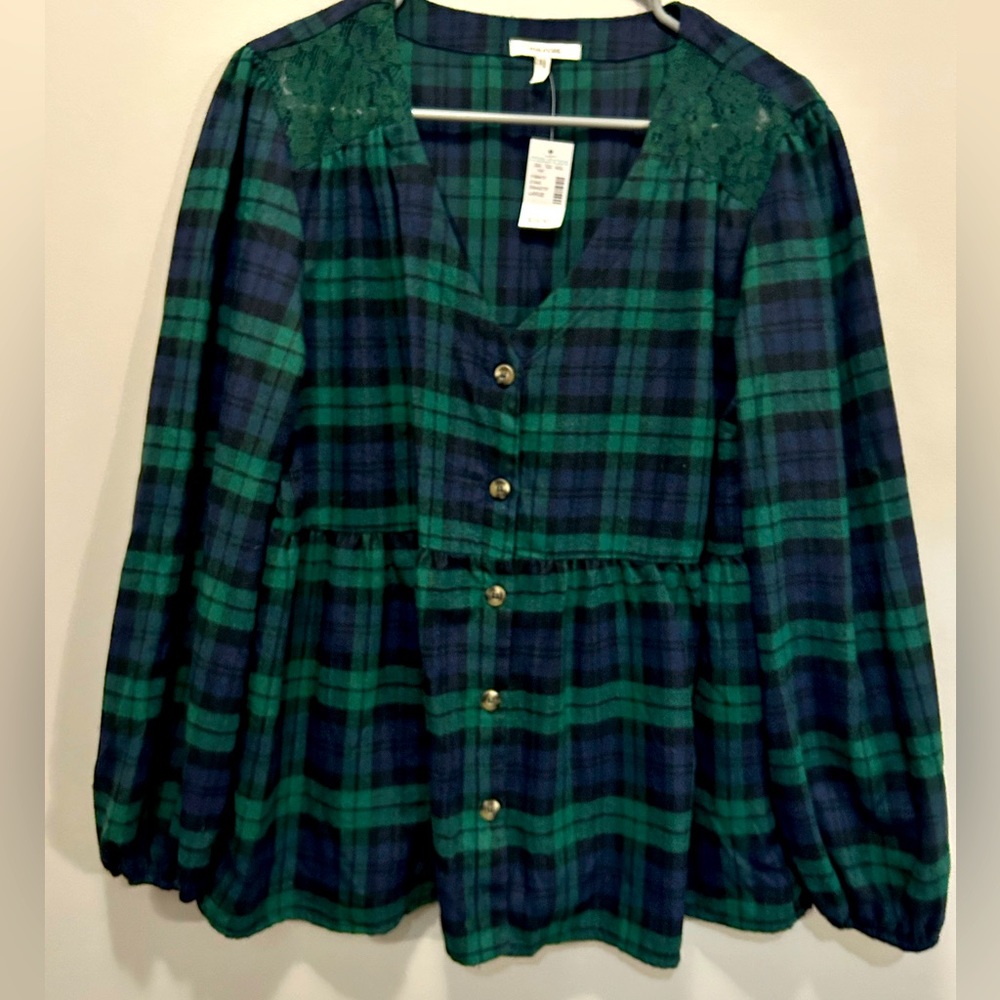 NWT Maurice’s Plaid peplum top